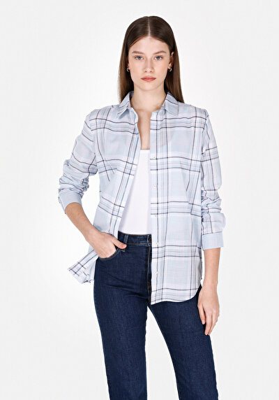Image de Chemise À Manches Longues Bleu Regular Fit Plaid Popeline Femme