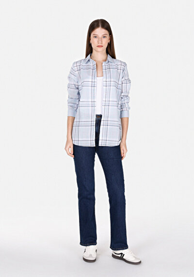 Image de Chemise À Manches Longues Bleu Regular Fit Plaid Popeline Femme