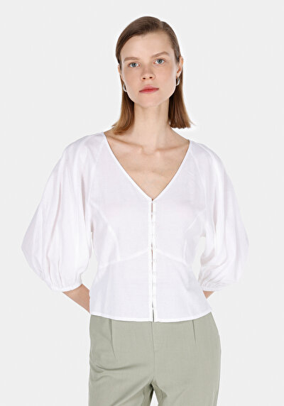 Image de Chemisier À Manches Longues Blanc Slim Fit Femme