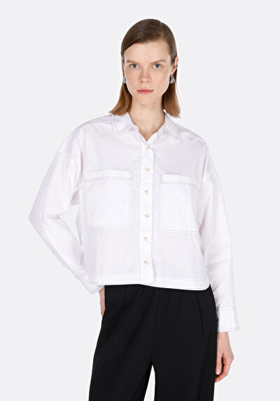 Image de Chemise À Manches Longues Blanc Regular Fit Droit Popeline Femme