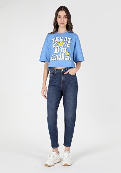 Image de 896 Maria Pantalon Bleu Tapered Leg En Mom Fit Femme