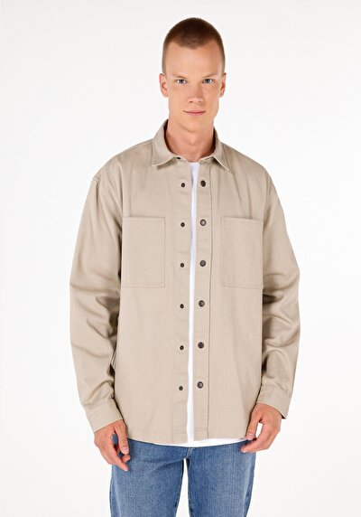 Image de Chemise À Manches Longues Beige Comfort Fit Droit Sergé Homme