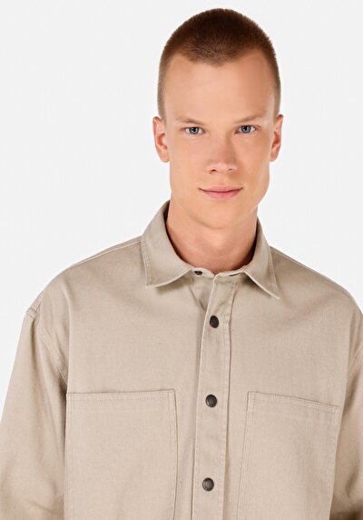 Image de Chemise À Manches Longues Beige Comfort Fit Droit Sergé Homme