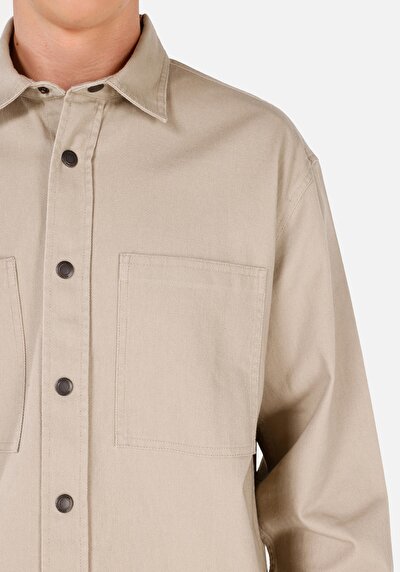 Image de Chemise À Manches Longues Beige Comfort Fit Droit Sergé Homme