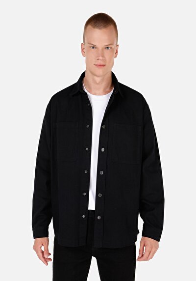 Image de Chemise À Manches Longues Noir Comfort Fit Droit Sergé Homme