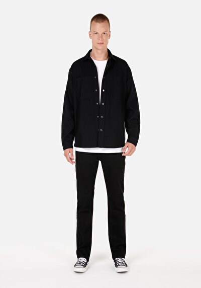 Image de Chemise À Manches Longues Noir Comfort Fit Droit Sergé Homme