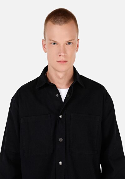 Image de Chemise À Manches Longues Noir Comfort Fit Droit Sergé Homme