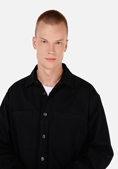 Image de Chemise À Manches Longues Noir Comfort Fit Droit Sergé Homme