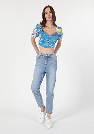 Image de 896 Maria Pantalon Bleu Clair Tapered Leg En Mom Fit Femme