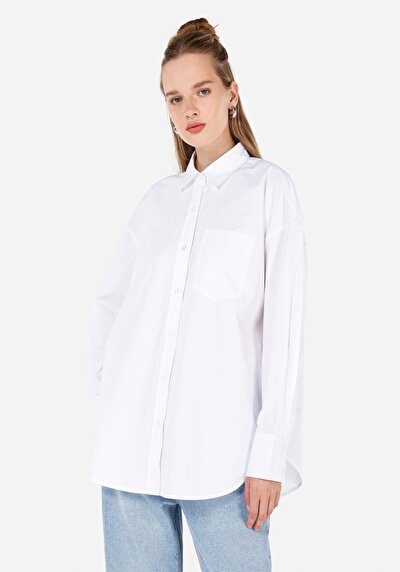 Afficher les détails de Chemise À Manches Longues Blanc Relaxed Fit Droit Sergé Femme