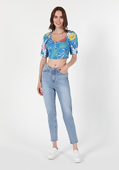 Image de 896  Maria Pantalon Bleu Clair Tapered Leg  En  Mom Fit Femme