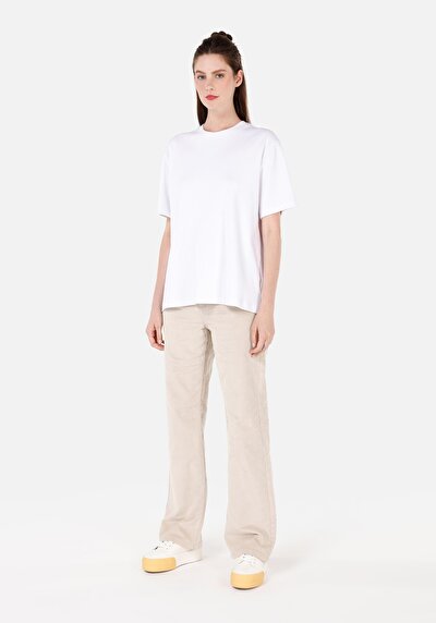 Afficher les détails de Pantalon Ecru Wide Leg High Rise En Velours Regular Fit Femme