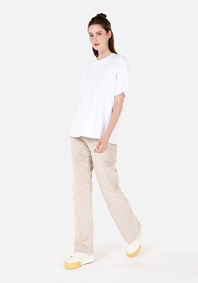 Afficher les détails de Pantalon Ecru Wide Leg High Rise En Velours Regular Fit Femme