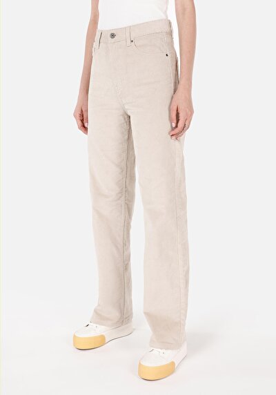 Afficher les détails de Pantalon Ecru Wide Leg High Rise En Velours Regular Fit Femme