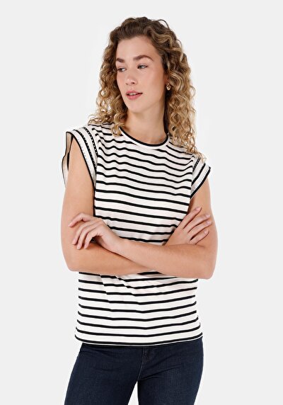 Image de T-shirt À Manches Courtes Noir Regular Fit Rayé Femme
