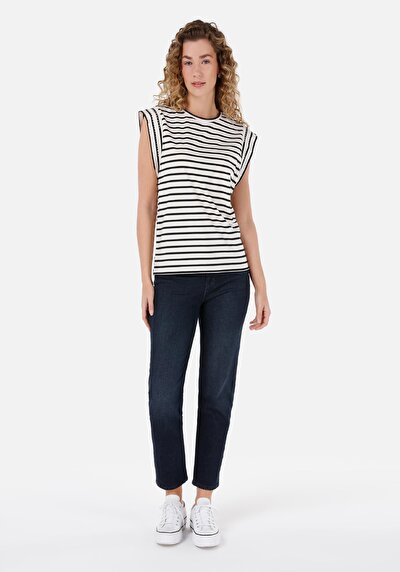 Image de T-shirt À Manches Courtes Noir Regular Fit Rayé Femme