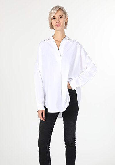 Image de Chemisier À Manches Longues Blanc Relaxed Fit Femme