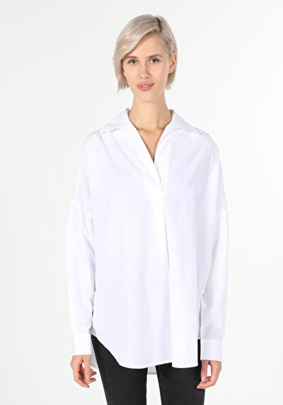 Image de Chemisier À Manches Longues Blanc Relaxed Fit Femme