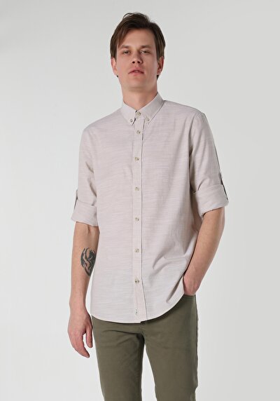 Image de Chemise À Manches Longues Beige Regular Fit Droit Popeline Homme