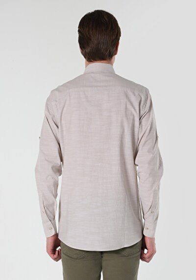 Image de Chemise À Manches Longues Beige Regular Fit Droit Popeline Homme