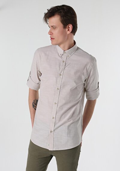 Image de Chemise À Manches Longues Beige Regular Fit Droit Popeline Homme