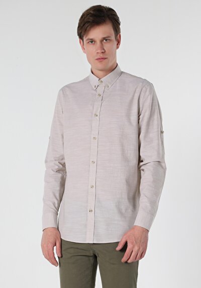 Image de Chemise À Manches Longues Beige Regular Fit Droit Popeline Homme