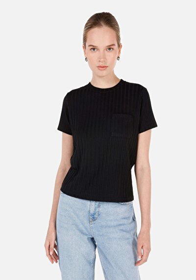 Image de T-shirt À Manches Courtes Noir Regular Fit Droit Femme