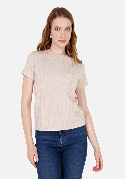 Image de T-shirt À Manches Courtes Beige Regular Fit Droit Femme