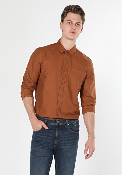 Image de Chemise À Manches Longues Marron Slim Fit   Homme