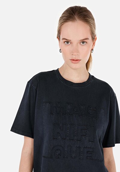 Image de T-shirt À Manches Courtes Anthracite Regular Fit Imprimé Femme