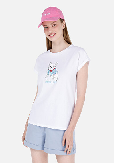 Image de T-shirt À Manches Courtes Blanc Regular Fit Imprimé Femme