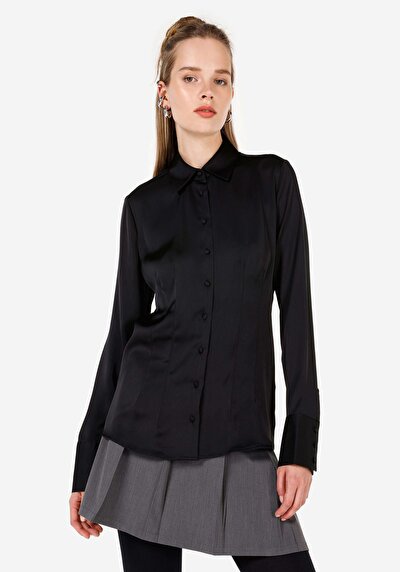 Image de Chemise À Manches Longues Noir Slim Fit Droit Satin Femme
