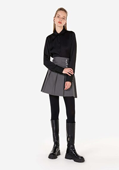 Image de Chemise À Manches Longues Noir Slim Fit Droit Satin Femme