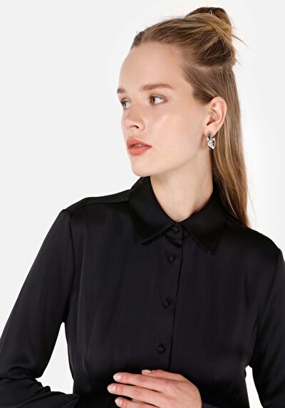 Image de Chemise À Manches Longues Noir Slim Fit Droit Satin Femme