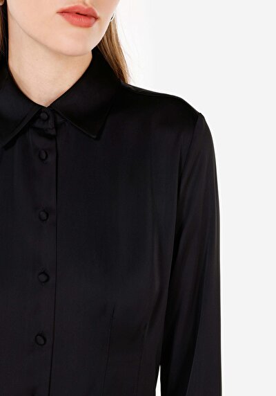 Image de Chemise À Manches Longues Noir Slim Fit Droit Satin Femme