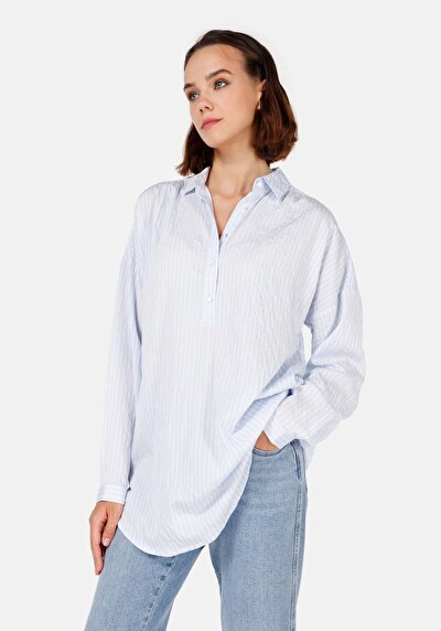 Image de Chemise À Manches Longues Bleu Relaxed Fit Rayé Polyester Femme