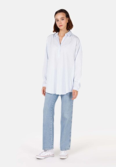 Image de Chemise À Manches Longues Bleu Relaxed Fit Rayé Polyester Femme