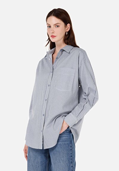 Image de Chemise À Manches Longues Bleu Relaxed Fit Rayé Popeline Femme