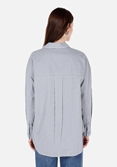 Image de Chemise À Manches Longues Bleu Relaxed Fit Rayé Popeline Femme