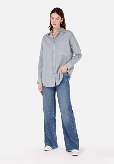 Image de Chemise À Manches Longues Bleu Relaxed Fit Rayé Popeline Femme