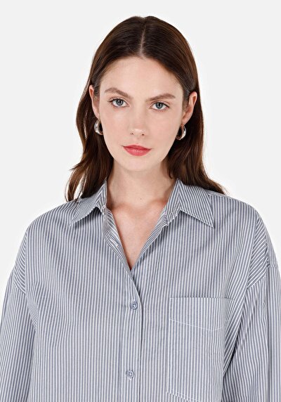 Image de Chemise À Manches Longues Bleu Relaxed Fit Rayé Popeline Femme