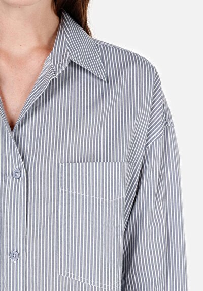 Image de Chemise À Manches Longues Bleu Relaxed Fit Rayé Popeline Femme