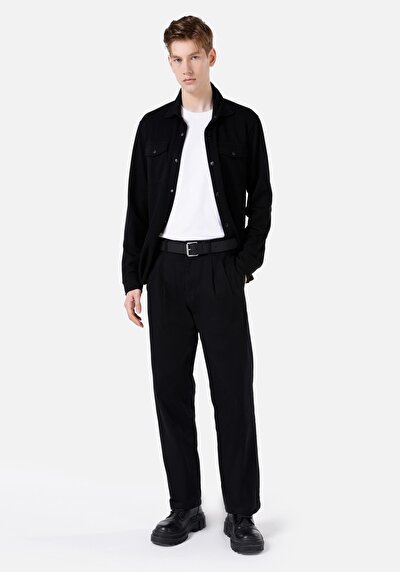 Image de Pantalon Noir Düz Paça Medium Rise En Jacquard Wıde Fit Homme