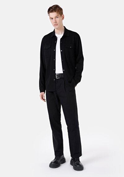 Image de Pantalon Noir Düz Paça Medium Rise En Jacquard Wıde Fit Homme