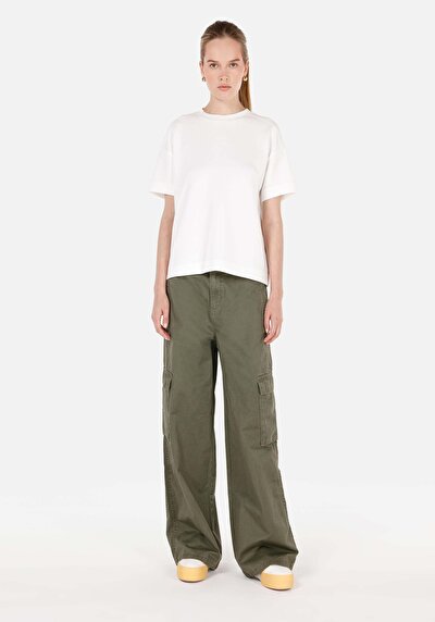 Afficher les détails de Pantalon Kaki Wide Leg High Rise En Sergé Regular Fit Femme