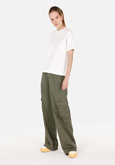 Afficher les détails de Pantalon Kaki Wide Leg High Rise En Sergé Regular Fit Femme