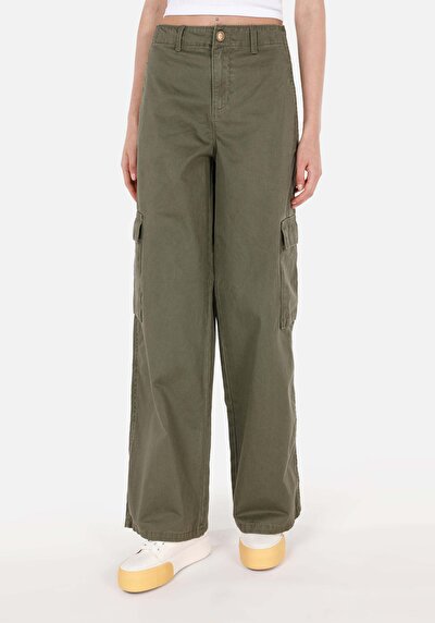 Afficher les détails de Pantalon Kaki Wide Leg High Rise En Sergé Regular Fit Femme