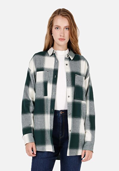 Afficher les détails de Chemise À Manches Longues Vert Relaxed Fit Plaid Sergé Femme