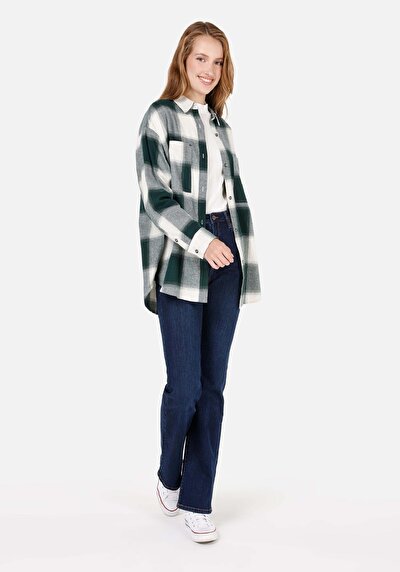 Afficher les détails de Chemise À Manches Longues Vert Relaxed Fit Plaid Sergé Femme