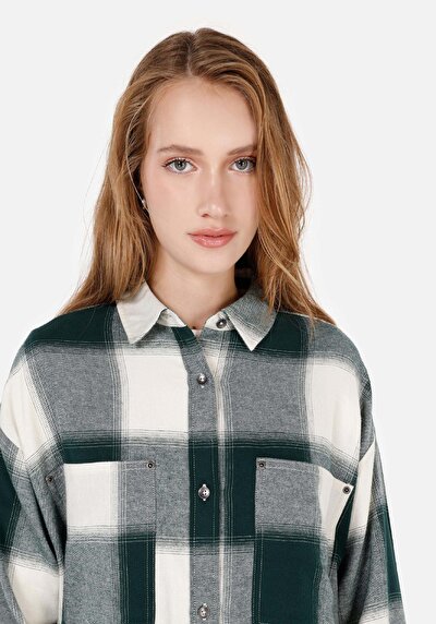 Image de Chemise À Manches Longues Vert Relaxed Fit Plaid Sergé Femme